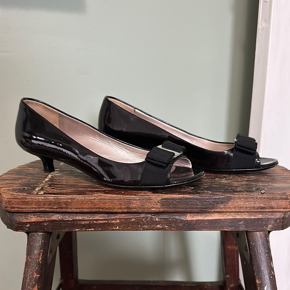 Salvatore Ferragamo Black Patent Leather Open Toe Kitten Heels w/ Grosgrain Bow